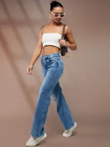 DOLCE CRUDO Women Wide Leg High-Rise Low Distress Heavy Fade Stretchable Jeans