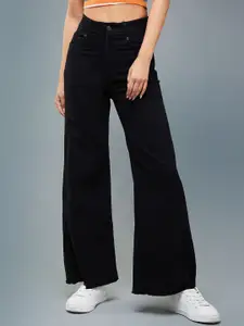 DOLCE CRUDO Women Wide Leg High-Rise Slash Knee Stretchable Jeans