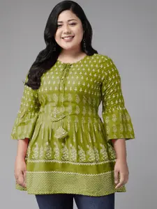 KALINI Keyhole Neck Ethnic Printed A-line Plus Size Short Kurti