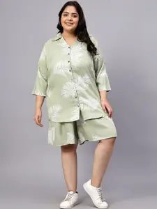 Indietoga Plus Size Tropical Printed Roll-Up Sleeves Neck Shirt & Flared Shorts