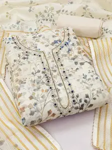 Peachmode Floral Printed Beads & Stones Linen Unstitched Dress Material