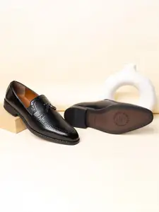 LOUIS STITCH Men Jet Black Formal Slip-On Tassel Moccasin Shoes