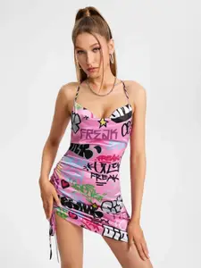 TANDUL Typography Printed Shoulder Straps Ruched Bodycon Mini Dress