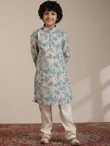 Manyavar Boys Floral Printed Regular Linen Kurta with Pyjamas