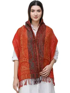 Exotic India Mars Red Pure Wool Reversible Jamawar Scarf with Woven Paisleys