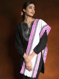 Exotic India Pink Peacock Thread Weave on Border Cotton LManipur Style Leirum Scarf