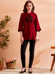 Anouk Women Embroidered Shirt Collar Above Knee Kurta