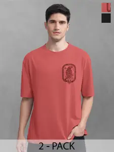 BULLMER Men Pack Of 2 Round Neck Printed Oversized T-shirts