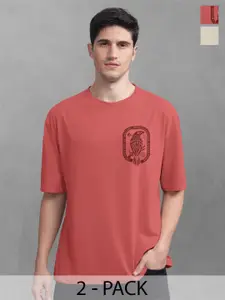 BULLMER Men Pack Of 2 Round Neck Printed Oversized T-shirts