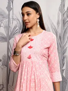 Vishudh Pink Floral Printed Sequinned & Embroidered A-Line Midi Ethnic Dress