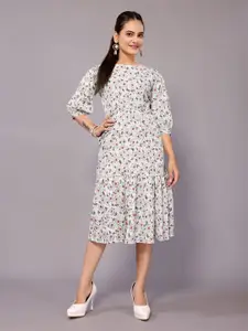 vj fashion Boat Neck Puff Sleeve Net A-Line Floral Midi Dress