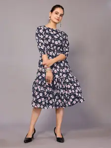 vj fashion Boat neck Puffed Sleeve Floral Midi Dress