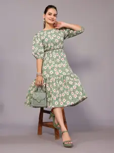 vj fashion Floral Print Puff Sleeve Net Fit & Flare Midi Dress