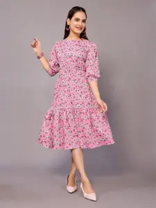 vj fashion Floral Print Net Fit & Flare Midi Dress