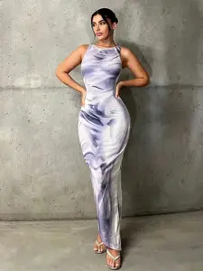 TANDUL Marble Print Boat neck Long Seath Dress