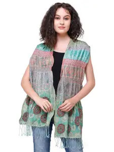 Exotic India Ming Green Jamawar Scarf with Wool Embroidery and Faux Pearls