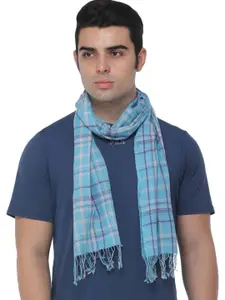 Exotic India River Blue Checks Woven Pure Cashmere Wool Men's Scarf