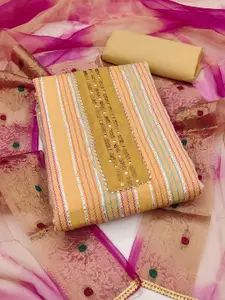 KIMISHA Striped Embroidered Beads and Stones Unstitched Dress Material