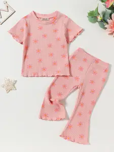 INCLUD Girls Rib Knit Floral Printed Top With Flared Pants Set