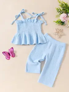 INCLUD Girls Self Design Shoulder Straps Elasticated Top With Crinkled Pants Set