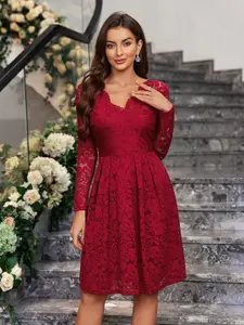 Bebe Women Fit and Flare V-neck Knee length Lace Dress