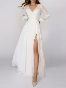 bebe Women V-Neck Cuffed Sleeves Maxi Dress