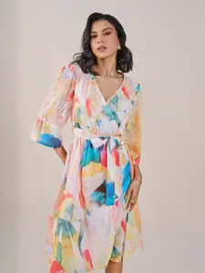 AND Women Floral Print Puff Sleeve Midi Wrap Dress