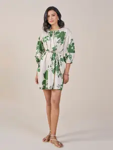 AND Floral Print Tie-Up Neck Puff Sleeve A-Line Dress