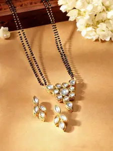 Priyaasi Gold-Plated Kundan-Studded & Black Beaded Mangalsutra With Earrings