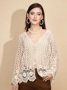 Global Republic Women Solid V-Neck Tie-Up Shrug