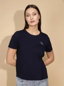 Global Republic Women Sequined Gathered Nautical Round Neck T-shirt