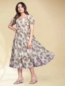 BAESD Women Floral Print Puff Sleeve Fit & Flare Midi Dress