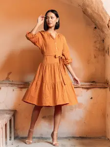 all about you Cotton Tiered A-Line Dress with Belt