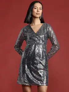 all about you Sequin Embellished Wrap Style Empire Dress
