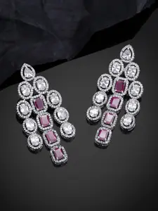 Estele Rhodium-Plated CZ-Studded Geometric Drop Earrings