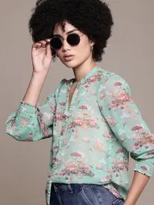 The Roadster Lifestyle Co. Floral Print Sheer Puff Sleeve Shirt Style Top