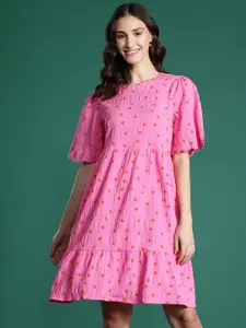 DressBerry Polka Dots Print Crinkled A-Line Dress