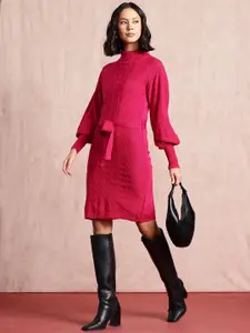 all about you Turtle Neck Belted Puff Sleeve Sweater Dress