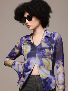 The Roadster Lifestyle Co. Tie and Dye Bell Sleeve Slit-Detail Net Top