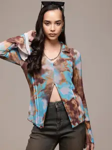 The Roadster Lifestyle Co. Tie and Dye Bell Sleeve Slit-Detail Net Top