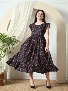 DECKEDUP Women Floral Print Flutter Sleeve A-Line Midi Dress