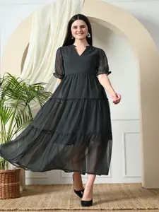 DECKEDUP Women Flared Sleeve Georgette A-Line Midi Dress