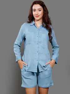 Chemistry Pure Cotton Shirt Collar Neck Shirt With Short Co-Ords