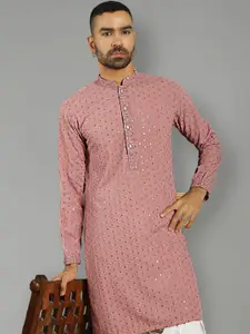 Jompers Men Geometric Checked Thread Work Kurta