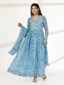 FASHION DREAM Floral Print Georgette  Fit and Flared Maxi Ethnic Dress With Dupatta