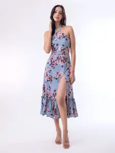 mrutbaa Floral Print Halter Neck Crepe A-Line Midi Dress
