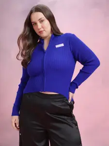 DressBerry Curve Plus-Size Ribbed Pure Acrylic Crop Front-Open Sweater