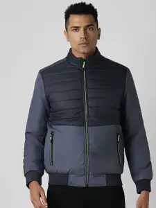 Van Heusen Flex Men Navy Textured  Colourblocked Padded Casual Jacket