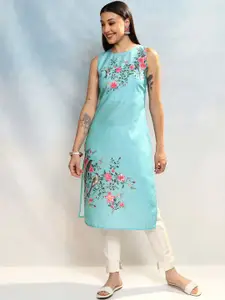 Vishudh Women Floral Printed Boat Neck Sleveeless Straight Kurta