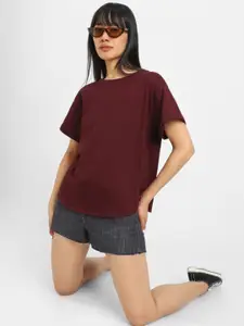 JUNEBERRY Women Drop-Shoulder Sleeves Pure Cotton Oversized Tshirt